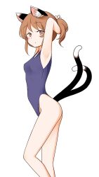 Rule 34 | 1girl, :/, adjusting hair, alternate costume, alternate hairstyle, animal ear fluff, animal ear piercing, animal ears, armpits, arms up, bare legs, blush, breasts, brown eyes, brown hair, cat ears, cat tail, chen, closed mouth, commentary request, earrings, expressionless, feet out of frame, highres, jewelry, multiple tails, nekomata, one-piece swimsuit, petite, shiisuu rattamu, short hair, simple background, single earring, small breasts, solo, swimsuit, tail, touhou, two tails, white background