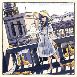 Rule 34 | 1girl, autumn leaves, barefoot, blue hair, building, cloud, ghost, hat, highres, holding, holding clothes, holding footwear, ogistation, outdoors, power lines, railing, sandals, unworn sandals, scenery, shadow, shirt, skirt, solo, straw hat, sun hat, transparent, white shirt, white skirt