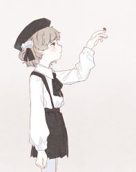 Rule 34 | 1girl, ajomo, arm at side, arm up, beret, black hat, black ribbon, black skirt, brown eyes, bug, collared shirt, commentary, flower, from side, grey background, grey pantyhose, hair flower, hair ornament, hair ribbon, half-closed eyes, hat, hatoba tsugu, insect, insect on finger, ladybug, light brown hair, looking at animal, neck ribbon, pantyhose, profile, ribbon, rose, shirt, shirt tucked in, short hair, simple background, single hair ring, skirt, solo, suspender skirt, suspenders, tsugu (vtuber), virtual youtuber, white flower, white rose, white shirt