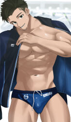 Rule 34 | 1boy, abs, absurdres, bara, bare pectorals, blue jacket, blue male swimwear, bulge, facial hair, feet out of frame, goatee stubble, goburin second, hand up, head tilt, highres, jacket, jacket on shoulders, large pectorals, long sideburns, looking at viewer, male focus, male swimwear, muscular, muscular male, navel, nipples, open clothes, open jacket, original, pectorals, short hair, sideburns, solo, standing, stomach, stubble, swim briefs, thick eyebrows, thick thighs, thighs, track jacket, undercut, unzipped