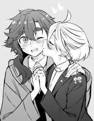 Rule 34 | 2girls, asymmetrical hair, blush, closed eyes, closed mouth, couple, dot nose, grey background, greyscale, gundam, gundam suisei no majo, hair between eyes, hand on another&#039;s shoulder, heart, highres, holding hands, jewelry, kiss, kissing cheek, looking at another, medium hair, miorine rembran, monochrome, multiple girls, nose, one eye closed, open mouth, portrait, profile, ring, scar, scar on face, short hair, sideways glance, simple background, smile, spoilers, suletta mercury, tareme, wedding ring, wife and wife, yuri
