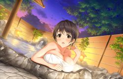 Rule 34 | 10s, 1girl, artist request, breast rest, breasts, brown eyes, brown hair, d:, highres, idolmaster, idolmaster cinderella girls, idolmaster cinderella girls starlight stage, large breasts, naked towel, official art, oikawa shizuku, onsen, open mouth, short hair, solo, towel