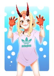 Rule 34 | 1girl, blonde hair, claws, earrings, fate/grand order, fate (series), female focus, highres, horns, ibaraki douji (fate), jewelry, looking at viewer, oni, oni horns, pointy ears, shirt, short hair, shoui, shoui art, simple background, solo, standing, t-shirt, yellow eyes