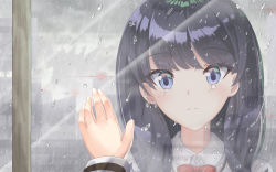 Rule 34 | 10s, 1girl, black hair, blue eyes, blush, bow, bowtie, closed mouth, cloud, cloudy sky, collared shirt, commentary request, condensation, gridman universe, head tilt, highres, indoors, long hair, long sleeves, overcast, portrait, rain, red bow, red bowtie, reflection, shirt, sky, solo, ssss.gridman, synn032, takarada rikka, tears, white shirt, window, window fog