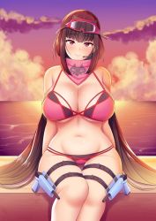 Rule 34 | 1girl, bad id, bad pixiv id, bandana, bare shoulders, bikini, breasts, brown hair, cleavage, cloud, curvy, fate/grand order, fate (series), goggles, goggles on head, halterneck, highres, holster, holstered, kisaragi nana, large breasts, long hair, looking at viewer, navel, ocean, osakabehime (fate), osakabehime (swimsuit archer) (fate), osakabehime (swimsuit archer) (second ascension) (fate), pink bikini, red eyes, sitting, sky, smile, solo, sunset, swimsuit, thick thighs, thigh holster, thigh strap, thighs, underboob, very long hair, water, waves