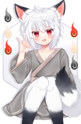 Rule 34 | :d, animal ear fluff, animal ears, collarbone, commission, copyright request, fang, feet out of frame, fox shadow puppet, grey hair, grey kimono, hair between eyes, hand up, highres, japanese clothes, kimono, knees together feet apart, long sleeves, looking at viewer, open mouth, red eyes, shikito (yawa0w0), sitting, skeb commission, smile, tail, white background, wide sleeves