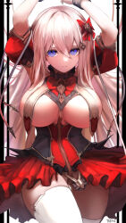 Rule 34 | 1girl, absurdres, arms up, azur lane, between breasts, blue eyes, bound, bound wrists, breast curtains, breasts, cuffs, dress, elbow pads, fortune (azur lane), fortune (meta) (azur lane), frilled skirt, frills, hair between eyes, hair ribbon, highres, large breasts, light brown hair, long hair, red dress, restrained, ribbon, shackles, skirt, solo, ta1sh1, thighhighs, white thighhighs