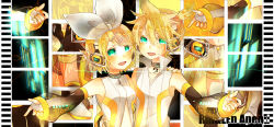 Rule 34 | 1boy, 1girl, aqua eyes, arm warmers, bad id, bad pixiv id, blonde hair, brother and sister, detached sleeves, elbow gloves, fingerless gloves, gloves, hair ornament, hair ribbon, hairclip, headphones, isa (suisuihoi), kagamine len, kagamine len (append), kagamine rin, kagamine rin (append), long image, popped collar, ribbon, short hair, siblings, smile, twins, vocaloid, vocaloid append, wide image