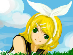 Rule 34 | aine (haibane), bad id, bad pixiv id, grass, green eyes, kagamine rin, smile, solo, symbol-shaped pupils, vocaloid