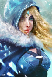 Rule 34 | 1girl, blonde hair, blue cape, blue eyes, breasts, cape, commentary, crystal maiden, dota (series), dota 2, english commentary, forehead jewel, fur trim, highres, lips, long hair, looking at viewer, outdoors, razaras, signature, snowing, solo, upper body