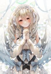 Rule 34 | 1girl, angel, belt, black belt, blonde hair, blue bow, blue wings, blush, bow, brown eyes, commentary request, commission, detached sleeves, dress, feathered wings, ginniroya, gradient wings, hair between eyes, hair ornament, halo, highres, multicolored wings, nanase eru, own hands together, skeb commission, smile, solo, two side up, varium, virtual youtuber, white dress, white wings, wings, x hair ornament
