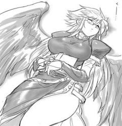 Rule 34 | 1girl, angel wings, breasts, breath of fire, breath of fire ii, dr.p, dress, glasses, greyscale, hip focus, large breasts, legs, lowres, monochrome, nina (breath of fire ii), side slit, solo, thighs, wide hips, wings