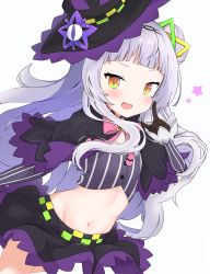 Rule 34 | 1girl, :d, arm up, commentary request, fang, gloves, grey hair, hair ornament, hand up, hat, highres, hololive, long hair, long sleeves, looking at viewer, murasaki shion, murasaki shion (1st costume), open mouth, simple background, skirt, smile, solo, virtual youtuber, white background, witch hat, wqooon, yellow eyes