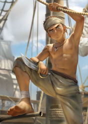 Rule 34 | 1boy, bandages, barefoot, beitemian, boat, brown hair, dirty, feet, headband, highres, knife, looking at viewer, male focus, nipples, outdoors, pirate, scar, shark tooth, solo, sweat, tattoo, toes, topless male, watercraft, weapon