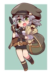Rule 34 | 1girl, :d, bag, black shorts, black socks, book, brown footwear, brown gloves, brown hat, cabbie hat, cape, chibi, commentary request, full body, gloves, green background, green eyes, grey cape, grey hair, hair between eyes, hat, high-waist shorts, highres, holding, holding book, long sleeves, luluca (world flipper), naga u, open book, open mouth, quill, shirt, short shorts, short sleeves, shorts, smile, socks, solo, standing, standing on one leg, two-tone background, white background, white shirt, world flipper