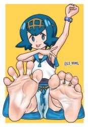 Rule 34 | 1girl, arm up, armpits, barefoot, blue eyes, blue hair, creatures (company), feet, foot focus, freckles, game freak, highres, lana (pokemon), looking at viewer, medium hair, nintendo, pokemon, pokemon sm, shorts, sitting, smile, soles, solo, spread armpit, toes, tongue, tongue out, tsukimaru (ls 99ml), yellow background