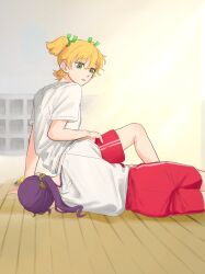 Rule 34 | 2girls, arm at side, bell, blonde hair, commentary request, daiba nana, facing away, green ribbon, gym shirt, gym shorts, gym uniform, hair bell, hair between eyes, hair ornament, hair ribbon, hand on another&#039;s arm, hand up, highres, hoshimi junna, hug, indoors, jingle bell, kaga (kaga 878787), knee up, long hair, looking at another, looking down, looking to the side, low ponytail, lying, multiple girls, on floor, on side, parted lips, ponytail, red shorts, ribbon, shirt, short hair, short twintails, shorts, shoujo kageki revue starlight, sitting, striped clothes, striped shorts, twintails, waist hug, white shirt, yuri