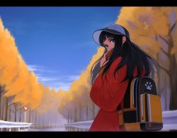 Rule 34 | autumn, backpack, bag, baseball cap, black eyes, black hair, blue sky, blunt bangs, coat, commentary request, croissant, day, eating, food, hat, highres, holding, holding food, kaneni, letterboxed, long hair, looking back, open mouth, original, outdoors, paw print, print headwear, railing, red coat, road, road sign, sideways glance, sign, sky, solo, street, tree