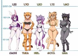 Rule 34 | 5girls, anger vein, angry, animal ears, barefoot, bikini, breasts, cachi (lucyfer), cat ears, cat tail, curvy, donkey ears, donkey girl, donkey tail, expressionless, fang, full body, furry, furry female, glasses, goya (lucyfer), hiel (lucyfer), large breasts, long hair, looking at another, lucyfer, micro bikini, multiple girls, original, pants, shiny skin, simple background, size chart, size comparison, sports uniform, sportswear, swimsuit, tail, thong, thong bikini, tiger girl, tuka (lucyfer), uma (lucyfer), upper body, v, wide hips, yoga pants