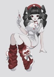 Rule 34 | 1girl, black hair, blunt bangs, breasts, buttons, dress, drill hair, full body, gloves, hand up, hat, heart, heart print, highres, holding, holding syringe, leg warmers, long hair, looking at viewer, medium breasts, nurse, nurse cap, open mouth, original, red eyes, red hat, red leg warmers, revision, shiona (siona0625), short dress, short sleeves, simple background, sitting, solo, syringe, twin drills, white dress, white gloves