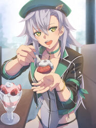 Rule 34 | 1girl, bracelet, breasts, chiharu (9654784), choker, cleavage cutout, clothing cutout, curtained hair, eiyuu densetsu, fie claussell, food, front zipper, fruit, green hat, hat, highres, holding, holding spoon, ice cream, indoors, jewelry, kuro no kiseki, kuro no kiseki ii, large breasts, long hair, looking at viewer, parted bangs, pov, race queen, sitting, smile, solo, spoon, strawberry, sundae, white hair, zipper leotard