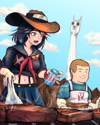 Rule 34 | 1boy, 1girl, absurdres, alcohol, apron, armband, beer, beer can, black hair, blue eyes, blue sky, bobby hill, brown hair, can, cloud, cowboy hat, crossover, drink can, food, forehead protector, grill, hat, headband, highres, holding, holding can, kill la kill, king of the hill, matoi ryuuko, midriff, multicolored hair, naruto (series), neckerchief, nyanko daisensou, open mouth, outdoors, s meriweather, school uniform, serafuku, shirt, skirt, sky, smile, steak, steam, streaked hair, suspender skirt, suspenders, t-shirt, tactimint