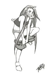 Rule 34 | 1girl, bad id, bad twitter id, bags under eyes, bread slice, breasts, chemise, clothes pull, commentary, cryamore, dressing, esmyrelda maximus, food, food in mouth, freckles, hair down, highres, long hair, monochrome, mouth hold, panties, robaato, shorts, shorts pull, sidelocks, sketch, small breasts, socks, solo, standing, standing on one leg, toast, toast in mouth, underwear, underwear only, very long hair