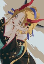 Rule 34 | 1girl, bare shoulders, black kimono, black maria (one piece), blonde hair, blue eyes, breasts, cleavage, closed mouth, hair ornament, hairpin, hands on own cheeks, hands on own face, horns, japanese clothes, kimono, long hair, looking at viewer, medium breasts, numata (oioioioiai), one piece, oni horns, open clothes, open kimono, red horns, simple background, solo