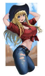 Rule 34 | 1girl, :d, absurdres, belt, belt buckle, blonde hair, blouse, blue eyes, blue legwear, border, breasts, brown belt, buckle, character request, cleavage, collared shirt, commentary request, copyright request, cowboy hat, cowboy western, cropped legs, denim, gemi ningen, hair over shoulder, hat, highres, jeans, korean commentary, large breasts, leather belt, long hair, looking at viewer, navel, open mouth, outside border, pants, red shirt, shirt, short sleeves, sleeves rolled up, smile, solo, stomach, thighs, tied shirt, torn clothes, torn pants, white border