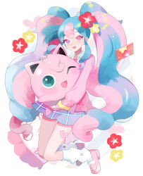 Rule 34 | 1girl, :d, aqua hair, cellphone, choker, collared shirt, commentary request, creatures (company), earrings, fairy miku (project voltage), flower, game freak, gen 1 pokemon, hatsune miku, highres, holding, holding pokemon, jewelry, jigglypuff, long hair, loose socks, multicolored hair, nail polish, nashiro (nishir19), nintendo, open mouth, phone, pink footwear, pink hair, pink nails, pink sweater, pokemon, pokemon (creature), project voltage, red flower, scrunchie, shirt, shoes, skirt, smile, socks, sweater, twintails, two-tone hair, vocaloid, white shirt, white socks, wrist scrunchie, yellow flower