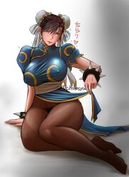 Rule 34 | 1girl, blush, bracelet, breasts, brown hair, capcom, chiba shuusaku, chibasyu, chinese clothes, chun-li, feet, heart, japanese text, jewelry, large breasts, loincloth lift, on floor, pubic hair, sitting, spiked bracelet, spikes, street fighter, thick thighs, thighs