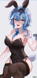 Rule 34 | 1girl, absurdres, animal ears, armband, artist name, asymmetrical hair, bad id, bad pixiv id, bare shoulders, between breasts, black leotard, black thighhighs, blue hair, blue necktie, blush, breasts, collarbone, covered navel, cross-laced clothes, detached collar, embarrassed, eula (genshin impact), eyelashes, fake animal ears, fake tail, garter straps, genshin impact, gradient eyes, hair between eyes, hair intakes, hand up, highres, leotard, looking at viewer, medium hair, miruku pan, multicolored eyes, necktie, necktie between breasts, nose blush, open mouth, playboy bunny, purple eyes, rabbit ears, rabbit tail, sidelocks, sitting, solo, strapless, strapless leotard, tail, thighhighs, v-shaped eyebrows, white background, wing collar, wristband, yellow eyes