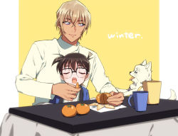Rule 34 | 2boys, amuro tooru, animal, black-framed eyewear, blonde hair, blue eyes, blurry, brown hair, child, closed eyes, closed mouth, commentary request, cup, depth of field, dog, edogawa conan, english text, feeding, food, fruit, glasses, hair between eyes, haro (meitantei conan), holding, holding food, holding fruit, k (gear labo), kotatsu, long sleeves, looking at another, looking to the side, male focus, mandarin orange, meitantei conan, multiple boys, napkin, open mouth, orange (fruit), orange slice, shirt, short hair, sitting, table, tongue, tongue out, two-tone background, under kotatsu, under table, white background, white shirt, yellow background