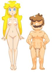 Rule 34 | 1boy, 1girl, artist name, blonde hair, blue eyes, breasts, brown hair, commentary, eyelashes, facial hair, flaccid, foreskin, hands on own hips, height difference, large penis, lips, long hair, looking up, male pubic hair, mario, mario (series), medium breasts, minuspal, mustache, navel, nintendo, nipples, nude, parted lips, penis, princess peach, pubic hair, pussy, simple background, testicles, uncensored, white background