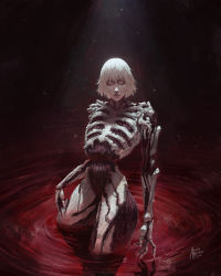 Rule 34 | 1girl, azure meraki, blood, dated, exposed muscle, closed eyes, facing viewer, highres, horror (theme), making-of available, no skin, original, parted lips, pool of blood, short hair, signature, skeleton, solo, standing, wading, white hair