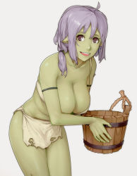 Rule 34 | 10s, 1girl, :d, ahoge, armlet, bad id, bad tumblr id, bandeau, bare shoulders, black eyes, breasts, bucket, cleavage, collarbone, colored skin, commentary, copyright request, cowboy shot, english commentary, fang, female goblin, goblin, green skin, haruna (tensei shitara slime datta ken), highres, holding, large breasts, leaning forward, legs together, light purple hair, loincloth, long hair, looking at viewer, materclaws, monster girl, open mouth, pointy ears, purple hair, realistic, simple background, single strap, smile, solo, standing, strap gap, teeth, tensei shitara slime datta ken, thighs, torn clothes, twintails, white background, wooden bucket