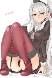 Rule 34 | 10s, 1girl, amatsukaze (kancolle), arm support, ass, ass support, black panties, brown eyes, choker, dated, garter straps, gloves, hair tubes, highres, kantai collection, knees up, long hair, looking at viewer, neckerchief, oputon, panties, pantyshot, playing with own hair, red thighhighs, seamed legwear, side-seamed legwear, silver hair, simple background, sitting, smokestack hair ornament, solo, thighhighs, thighs, twintails, twitter username, two side up, underwear, very long hair, white background, white gloves