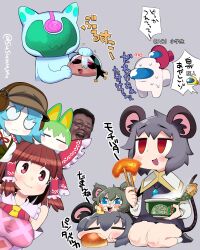 Rule 34 | 2boys, 4others, 6+girls, :3, among us, animal ears, apron, black footwear, black hair, black sclera, blunt bangs, blush, bow, bread, breasts, brown eyes, brown hair, brown headwear, character request, chopsticks, cirno, cirno (cookie), cirno (cosplay), closed eyes, closed mouth, colored sclera, colored skin, commentary request, cookie (touhou), copyright request, cosplay, crossover, daiyousei, diyusi (cookie), dress, eating, fake nyon (cookie), flat chest, food, frilled bow, frilled hair tubes, frills, full body, gaba hole daddy, ghiaccio, glasses, grey background, grey dress, grey hair, hair bow, hair tubes, hakurei reimu, headset, highres, holding, holding chopsticks, instant ramen, jojo no kimyou na bouken, kofji (cookie), kohakagutibi, large breasts, long sleeves, manatsu no yo no inmu, medium bangs, mouse ears, mouse girl, mouse tail, multiple boys, multiple girls, multiple others, nazrin, neck ribbon, necktie, nyon (cookie), open mouth, pink apron, red (among us), red bow, red eyes, red ribbon, ribbon, risotto nero, rurima (cookie), seiza, shirt, shoes, short hair, sitting, smile, socks, steam, sukusuku hakutaku, sweat, tail, tofu, touhou, translation request, upper body, vento aureo, white (among us), white album (stand), white eyes, white shirt, white skin, yellow (among us), yellow necktie
