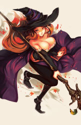 Rule 34 | 1girl, bad id, bad pixiv id, bare shoulders, black pantyhose, breasts, cleavage, dragon&#039;s crown, hat, highres, large breasts, long hair, looking at viewer, pantyhose, red eyes, red hair, smile, softmode, solo, sorceress (dragon&#039;s crown), staff, witch hat