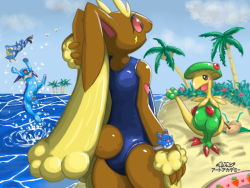 Rule 34 | 1girl, animal ears, animal hands, arm up, arms up, artist request, ass, azumarill, beach, bird, black eyes, blue one-piece swimsuit, blue sky, bracelet, breloom, bush, clauncher, coconut, colored sclera, copyright name, creatures (company), day, drinking straw, feet, female focus, fins, from behind, full body, furry, furry female, game freak, gen 1 pokemon, gen 2 pokemon, gen 3 pokemon, gen 4 pokemon, gen 6 pokemon, half-closed eyes, innertube, jewelry, jpeg artifacts, jumping, looking down, lopunny, nintendo, ocean, one-piece swimsuit, open mouth, outdoors, palm tree, pokemon, pokemon (creature), pokemon art academy, pokemon dppt, pokemon gsc, pokemon rgby, pokemon rse, pokemon xy, rabbit ears, rabbit tail, red sclera, sky, smile, splashing, standing, star (symbol), swim ring, swimsuit, tail, text focus, translated, tree, vaporeon, water, watermark, wingull, yellow sclera