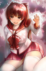 Rule 34 | 1girl, aura, breasts, brown eyes, claw pose, comic-z, eyebrows, kousaka tamaki, large breasts, long hair, open mouth, red hair, school uniform, serafuku, skirt, smile, solo, thighhighs, to heart (series), to heart 2, two side up, white thighhighs, zettai ryouiki