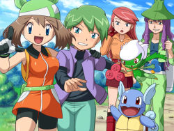 Rule 34 | 2boys, 2girls, :d, :o, alternate costume, arm around neck, backpack, bag, bandana, bare arms, bare shoulders, belt, belt pouch, belt skirt, bike shorts, blue eyes, blush, boots, bouncing breasts, breasts, brown hair, bush, clenched teeth, cloud, coat, collared dress, collared shirt, creatures (company), day, dragging, dress, drew (pokemon), embarrassed, fangs, fanny pack, game freak, gen 1 pokemon, gen 4 pokemon, gloves, grass, green bandanna, green hair, grey hair, grin, hand on another&#039;s shoulder, harley (pokemon), hat, holding hands, knee boots, long hair, long sleeves, looking at viewer, may (pokemon), may (pokemon emerald), medium breasts, multicolored clothes, multicolored gloves, multiple boys, multiple girls, nature, nintendo, open clothes, open mouth, open shirt, orange dress, orange shirt, outdoors, pants, path, pencil skirt, pointing, pointing at viewer, pokemoa, pokemon, pokemon (anime), pokemon (creature), pokemon dppt (anime), pokemon emerald, pokemon rse, pokemon rse (anime), pouch, purple hair, red eyes, red hair, road, roserade, shirt, short dress, short hair, short sleeves, skirt, sky, sleeveless, sleeveless dress, sleeveless shirt, smile, solidad (pokemon), standing, surprised, swept bangs, teeth, unaligned breasts, walking, wartortle, white gloves, wing collar