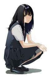 Rule 34 | 1girl, artist name, black hair, full body, grey eyes, long hair, looking at viewer, mattaku mousuke, original, own hands together, pleated skirt, ribbon, school uniform, simple background, skirt, solo, squatting, watermark, white background