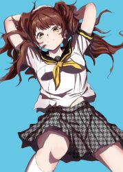 Rule 34 | 1girl, arms up, blue background, breasts, brown hair, closed mouth, eyelashes, feet out of frame, highres, kneehighs, kujikawa rise, long hair, lying, medium breasts, miniskirt, neckerchief, on back, persona, persona 4, plaid, plaid skirt, pleated skirt, s-m-53413, school uniform, short sleeves, sidelocks, skirt, socks, solo, thighs, twintails, white socks, yasogami school uniform, yellow eyes, yellow neckerchief
