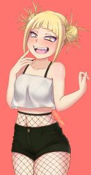Rule 34 | 10s, 1girl, absurdres, bare arms, bare shoulders, blonde hair, blush, boku no hero academia, bra, collarbone, curvy, double bun, fangs, fishnets, glitchynpc, happy, highres, hip focus, looking at viewer, matching hair/eyes, medium hair, midriff, navel, open mouth, short shorts, shorts, simple background, smile, solo, standing, strapless, teeth, thick thighs, thighs, toga himiko, tongue, tube top, underwear, wide hips, yellow eyes