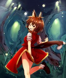 Rule 34 | 1girl, animal ears, bad id, bad pixiv id, brown hair, cat ears, cat girl, cat tail, chen, dress, earrings, female focus, highres, jewelry, mizuga, multiple tails, short hair, smile, solo, tail, touhou