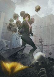 Rule 34 | 1girl, absurdres, balloon, black jacket, black pants, blurry, blurry foreground, breasts, building, cityscape, cloud, commentary request, day, film grain, flock, flower, formal, green eyes, green hair, gyoukan (jfxc), hair between eyes, highres, holding, holding balloon, jacket, long sleeves, looking at viewer, medium breasts, naked jacket, open clothes, open jacket, original, outdoors, pants, power lines, ruins, scenery, short hair, skeleton, sky, solo, standing, suit, utility pole, yellow flower