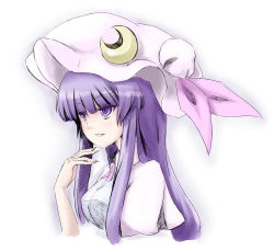Rule 34 | 1girl, capelet, coo (coonekocoo), crescent, female focus, hat, long hair, patchouli knowledge, purple eyes, purple hair, smile, solo, touhou, upper body, white background