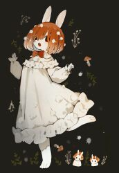 Rule 34 | 1girl, absurdres, animal-themed food, animal ears, black background, black eyes, bow, commentary request, cotton ball, dress, fly agaric, frilled dress, frills, hair between eyes, hands up, highres, leg up, long sleeves, medium hair, mushroom, open mouth, original, personification, plant, rabbit, rabbit ears, rabbit girl, red bow, red hair, sakutake (ue3sayu), solo, white dress