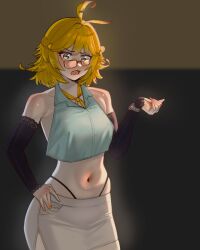 Rule 34 | 1girl, ahoge, alternate costume, aqua shirt, bespectacled, black background, blonde hair, blush, brown background, cowboy shot, crop top, detached sleeves, dokibird (vtuber), glasses, grey eyes, highleg, highleg panties, highres, hikamio, indie virtual youtuber, looking at viewer, medium hair, midriff, navel, neckerchief, open mouth, orange neckerchief, panties, pencil skirt, shirt, side slit, skirt, sleeveless, sleeveless shirt, solo, two-tone background, underwear, virtual youtuber, watch, white shirt, wristwatch